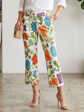 T Tahari White Crop Flare Pants with Bright Floral Print